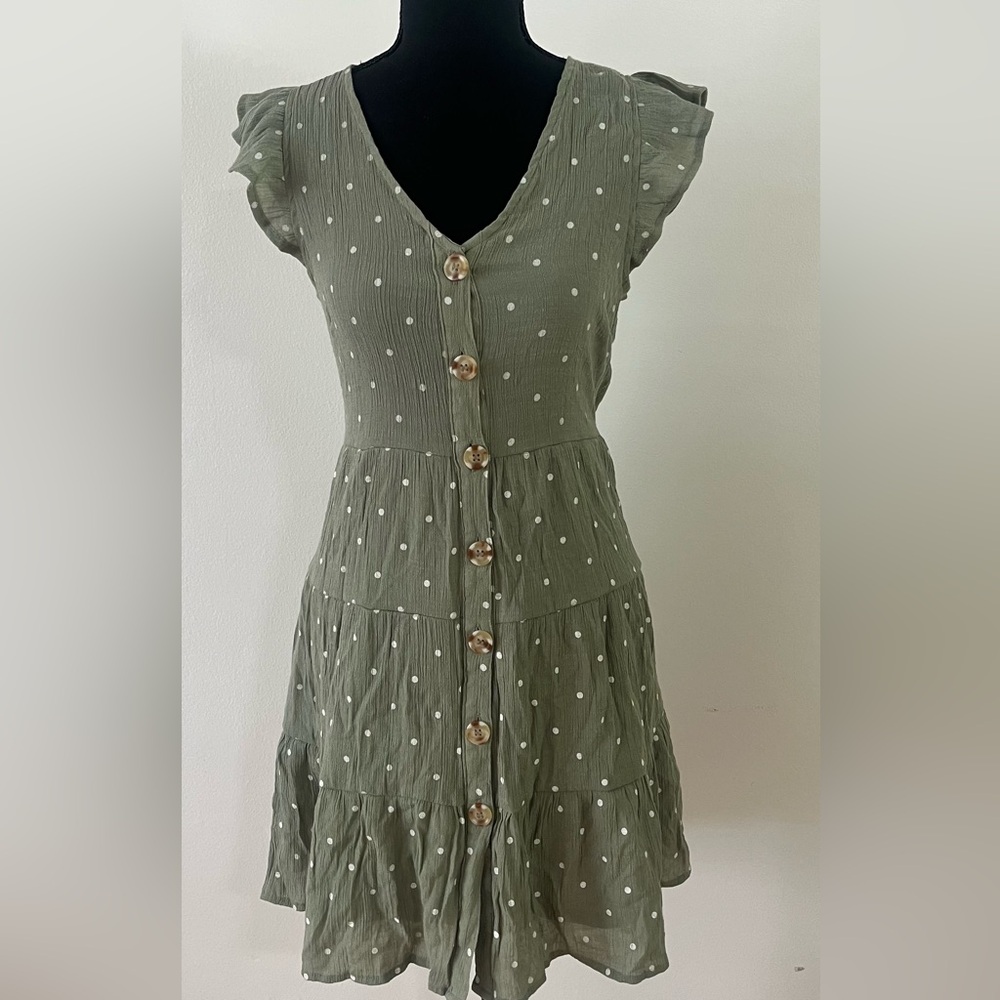 Altar’d State Olive green and white polka dot dress women size Large